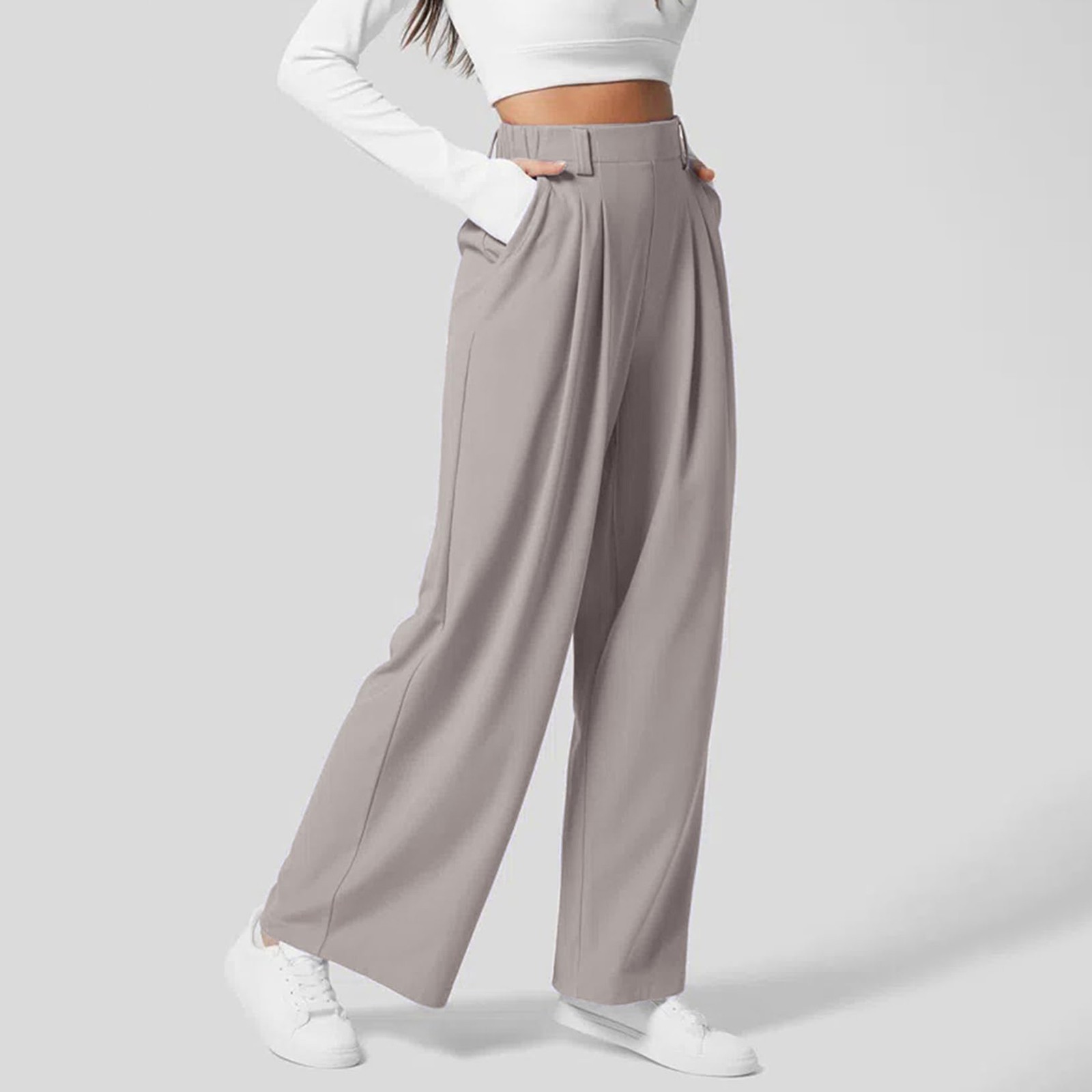 thumbnail image 4 of Pantalones de vestir de cintura alta y pierna ancha para mujer: cintura elástica, algodón y lino, bolsillos; pantalones informales de oficina., 4 of 7